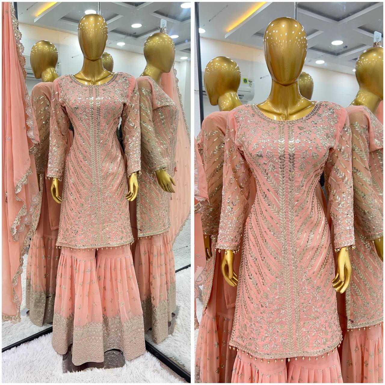Gorgeous Peach Color Faux Georgette With Embroidery Sequence Work Sharara Suit