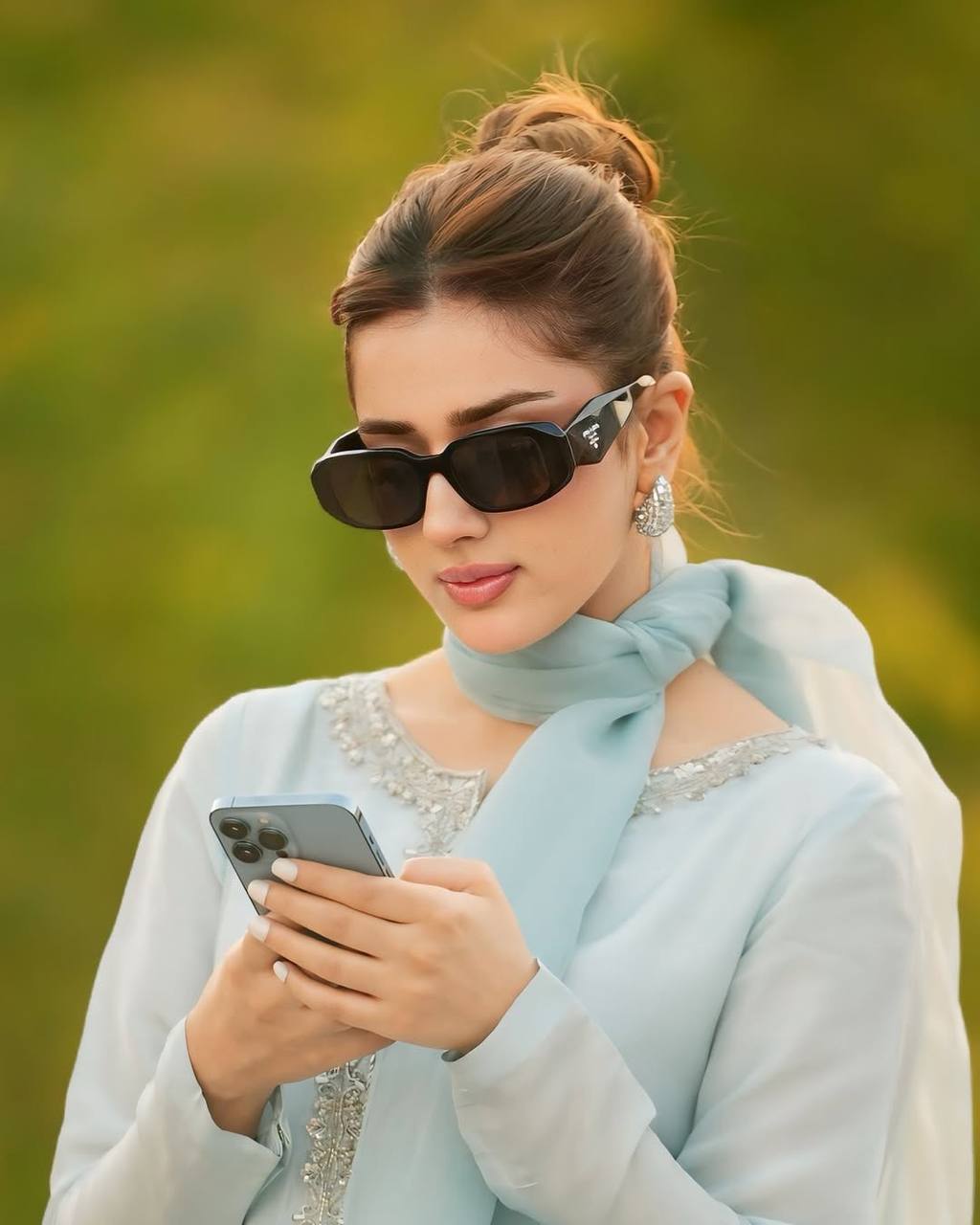 Fabulous Sky Color Faux Georgette And Embroidery With Hand work And Beads Salwar Suit