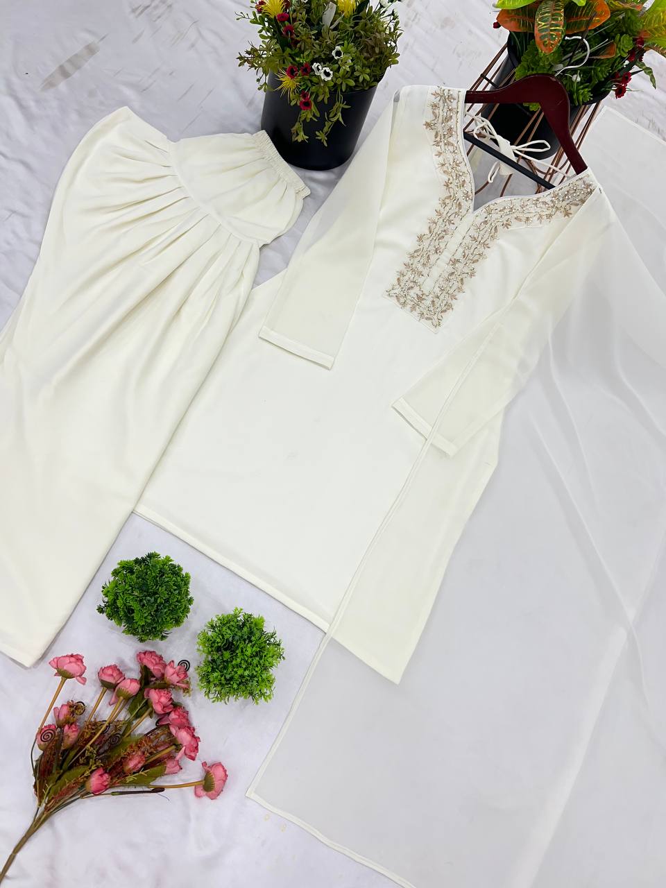 Beautiful White Color Faux Georgette And Embroidery With Hand work And Beads Salwar Suit