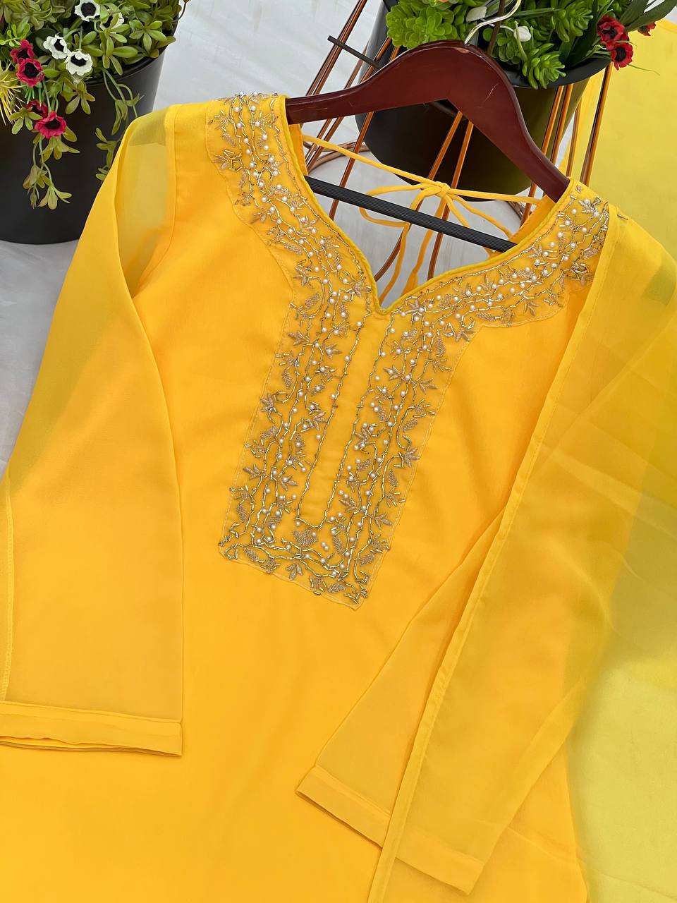 Stylish Yellow Color Faux Georgette And Embroidery With Hand work And Beads Salwar Suit