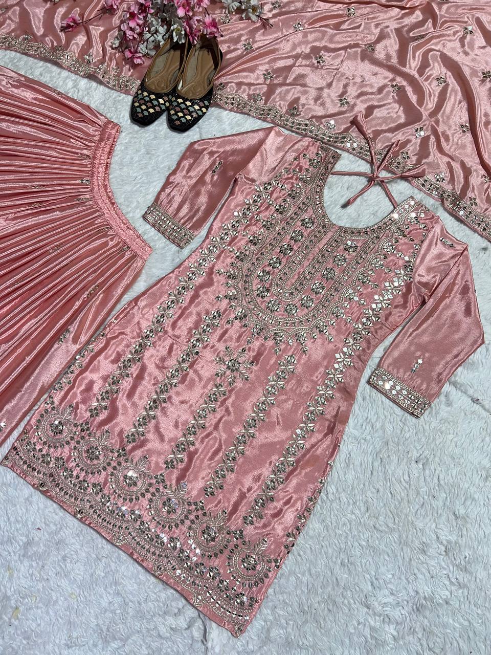 Function Wear Peach Color Pure Chinon Silk With Embroidery Work Palazzo Suit