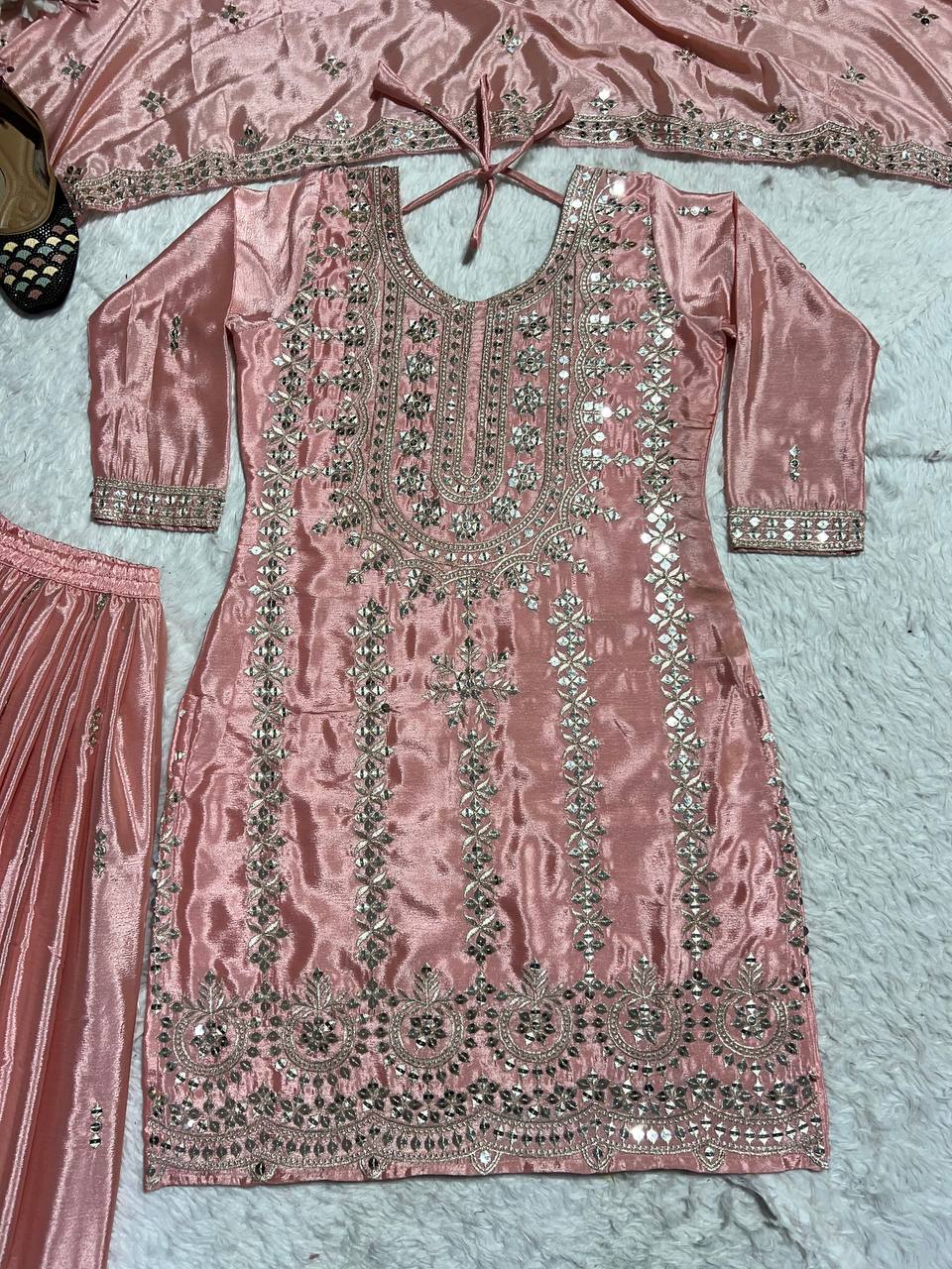 Function Wear Peach Color Pure Chinon Silk With Embroidery Work Palazzo Suit