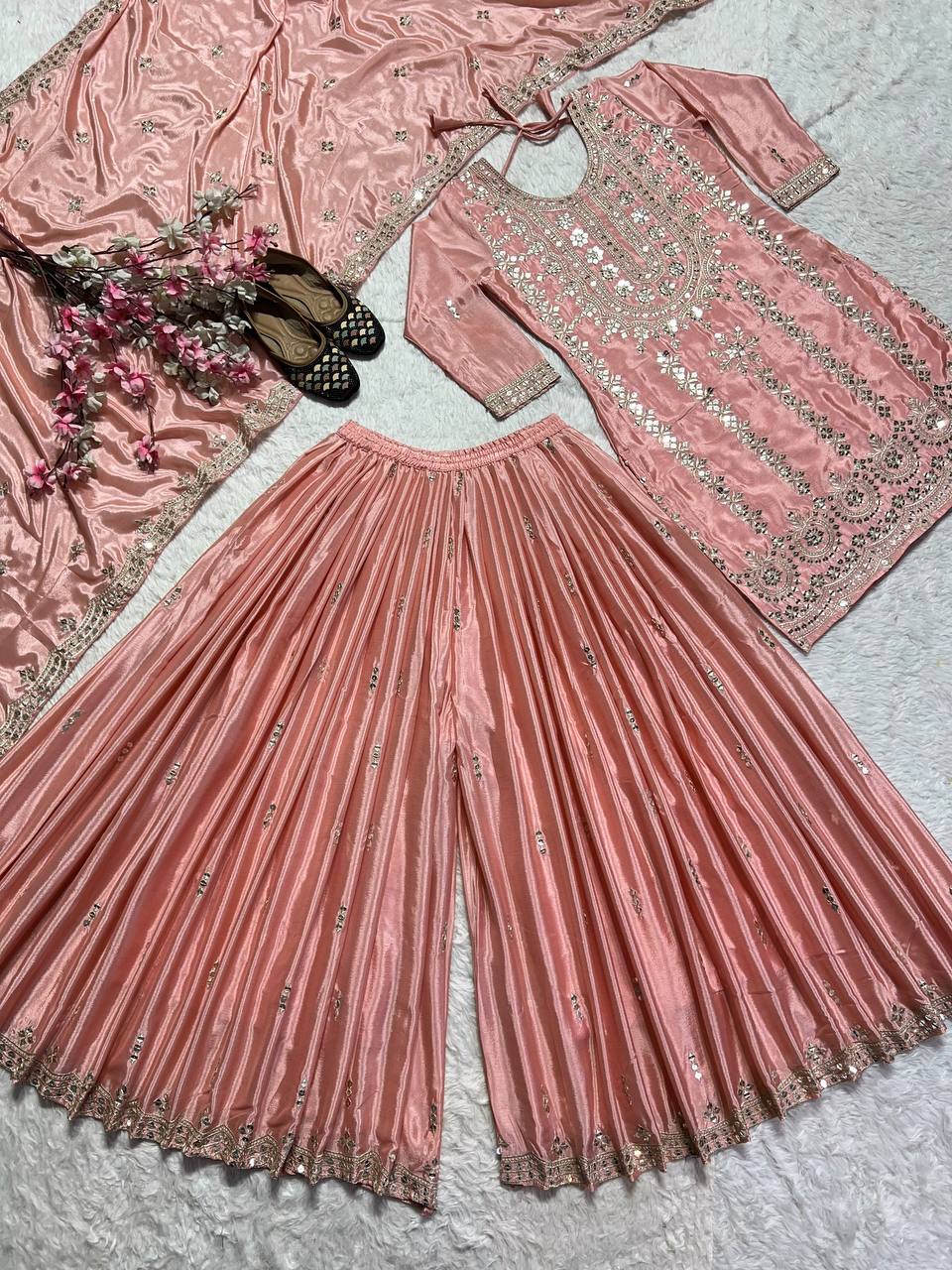 Function Wear Peach Color Pure Chinon Silk With Embroidery Work Palazzo Suit