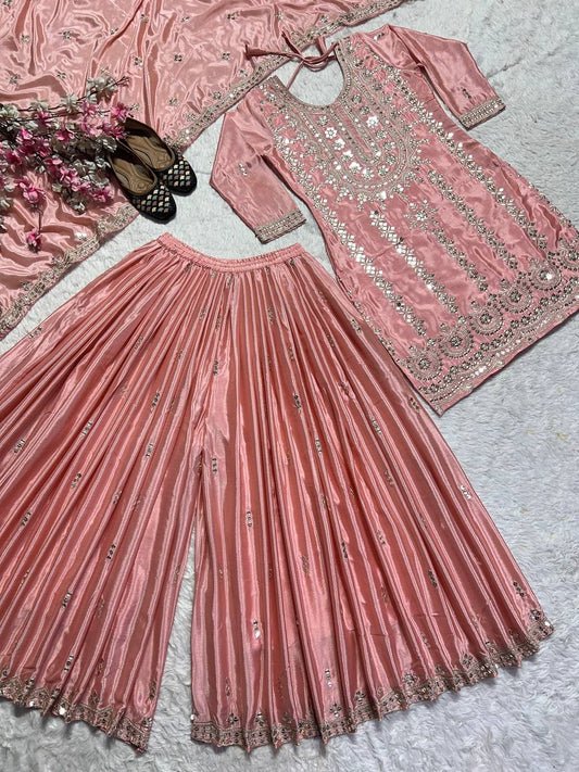 Function Wear Peach Color Pure Chinon Silk With Embroidery Work Palazzo Suit