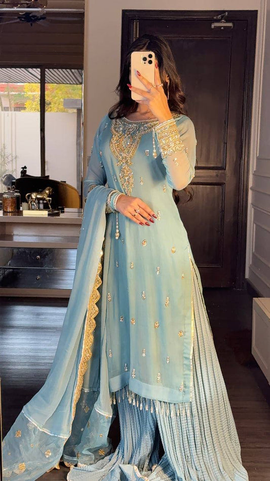 Classic Sky Blue Color Faux Georgette With Heavy Embroidery Sequence Work Palazzo Suit