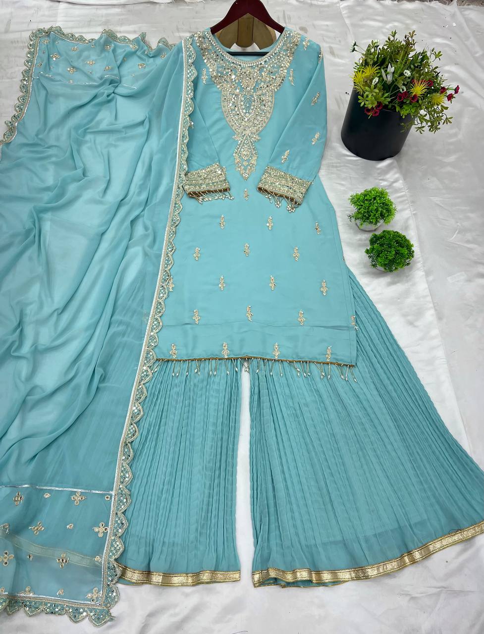Classic Sky Blue Color Faux Georgette With Heavy Embroidery Sequence Work Palazzo Suit