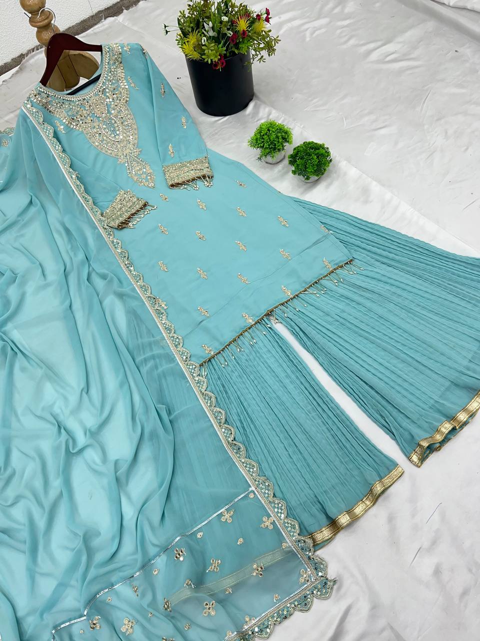 Classic Sky Blue Color Faux Georgette With Heavy Embroidery Sequence Work Palazzo Suit