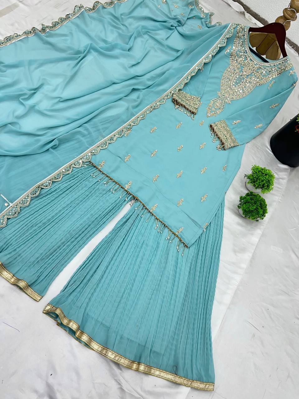 Classic Sky Blue Color Faux Georgette With Heavy Embroidery Sequence Work Palazzo Suit