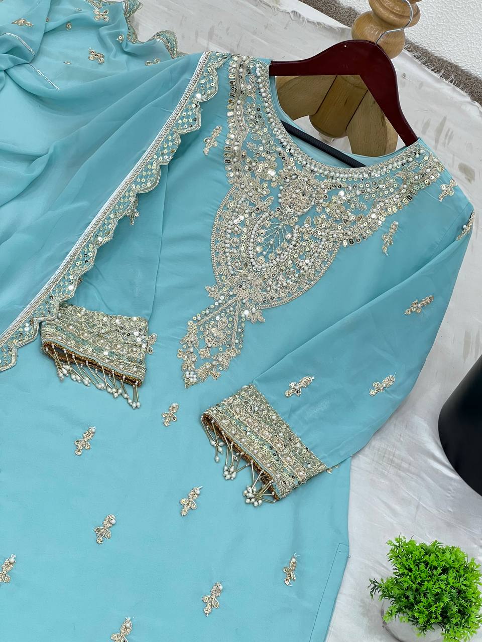 Classic Sky Blue Color Faux Georgette With Heavy Embroidery Sequence Work Palazzo Suit