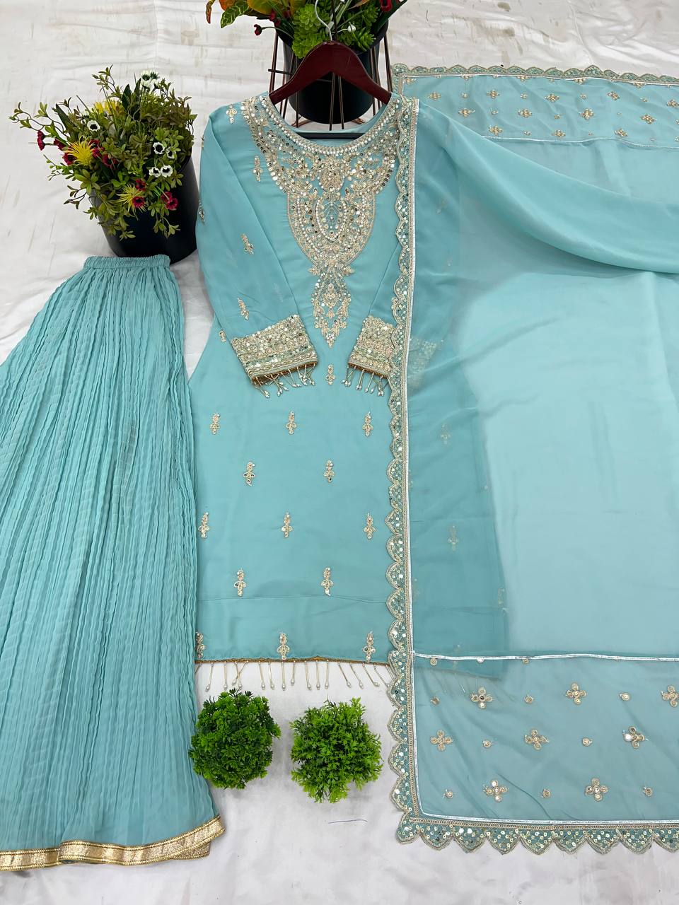 Classic Sky Blue Color Faux Georgette With Heavy Embroidery Sequence Work Palazzo Suit