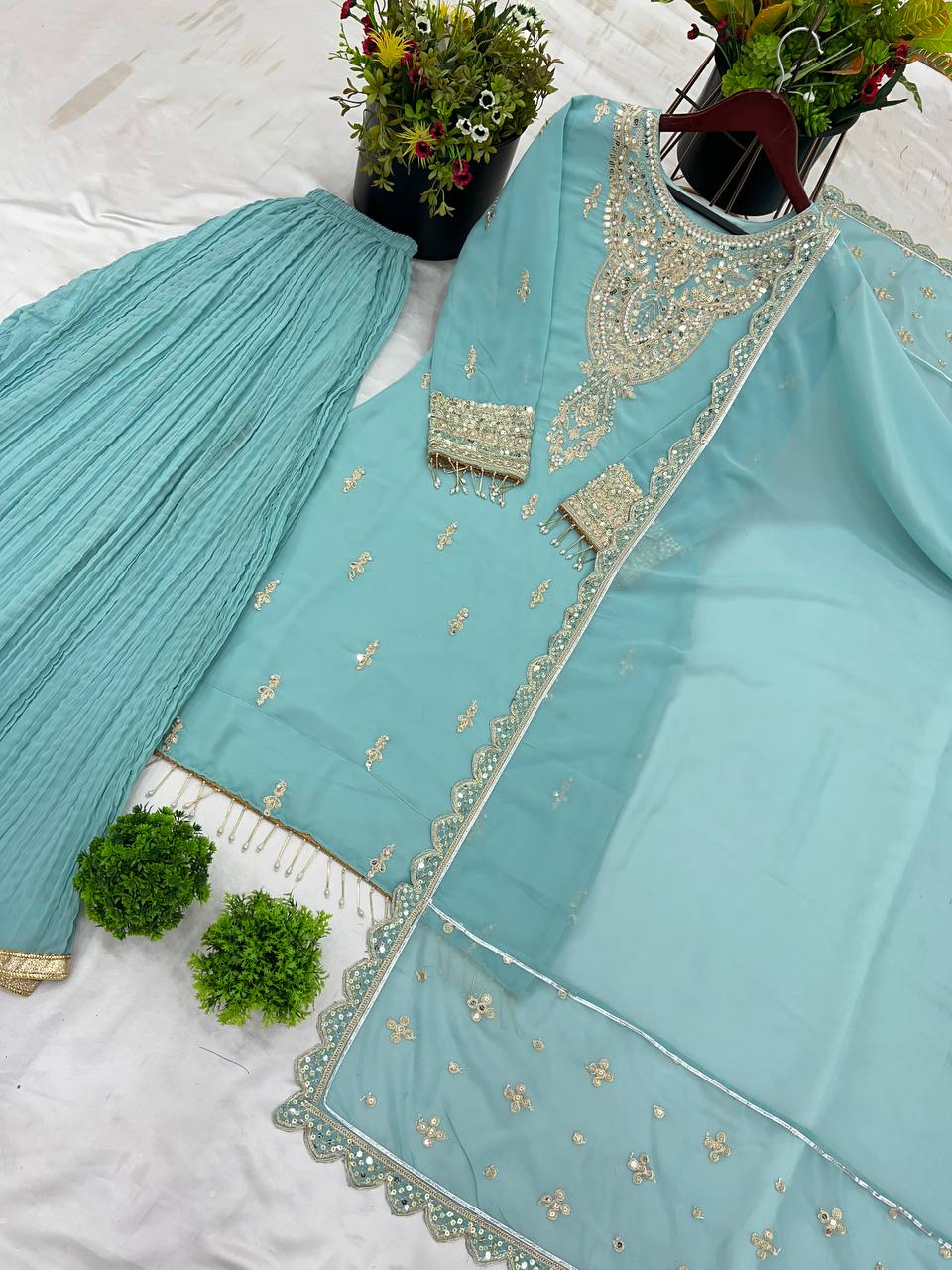 Classic Sky Blue Color Faux Georgette With Heavy Embroidery Sequence Work Palazzo Suit