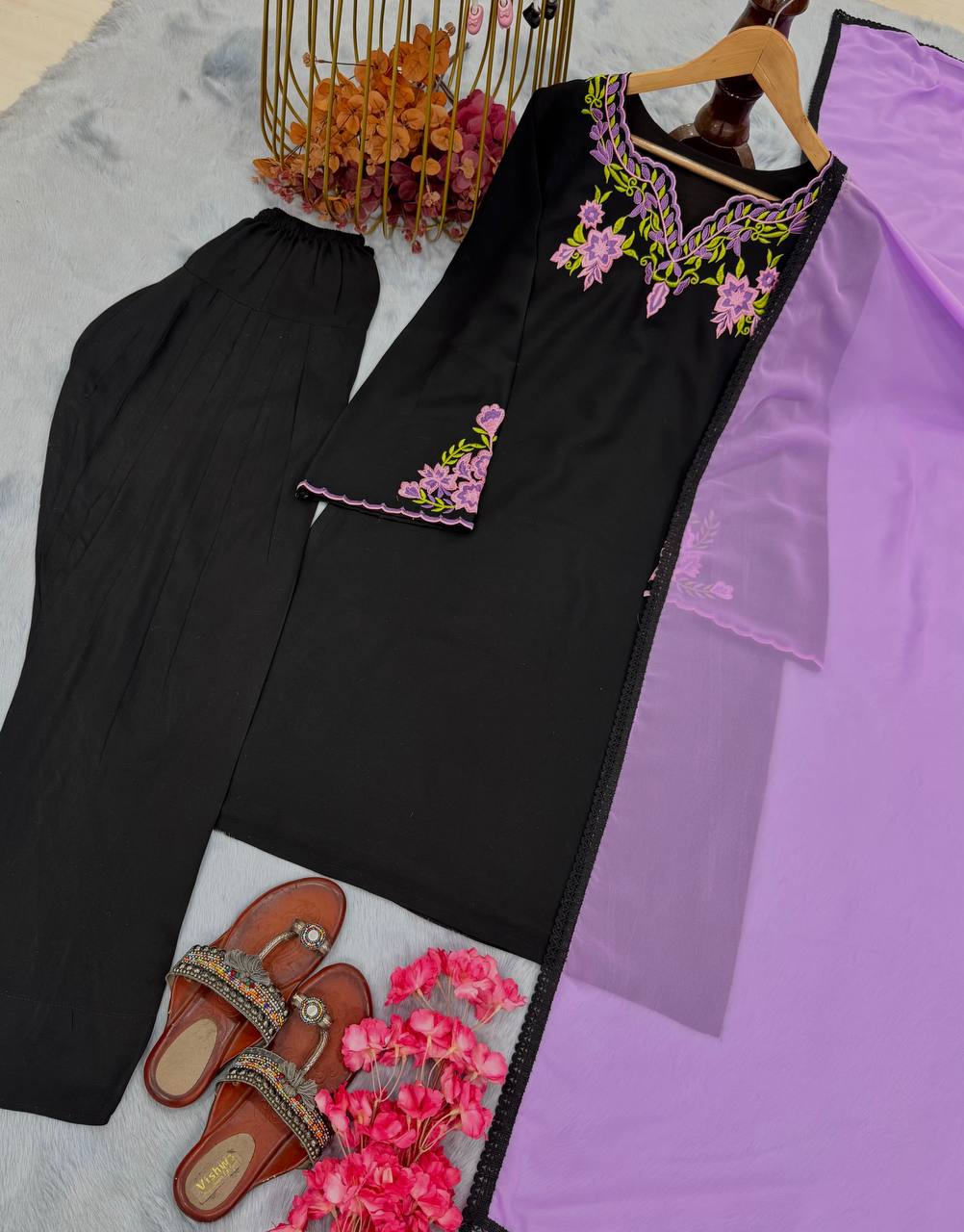 Fabulous Black Color Heavy Rayon Silk With Embroidery Work Salwar Suit