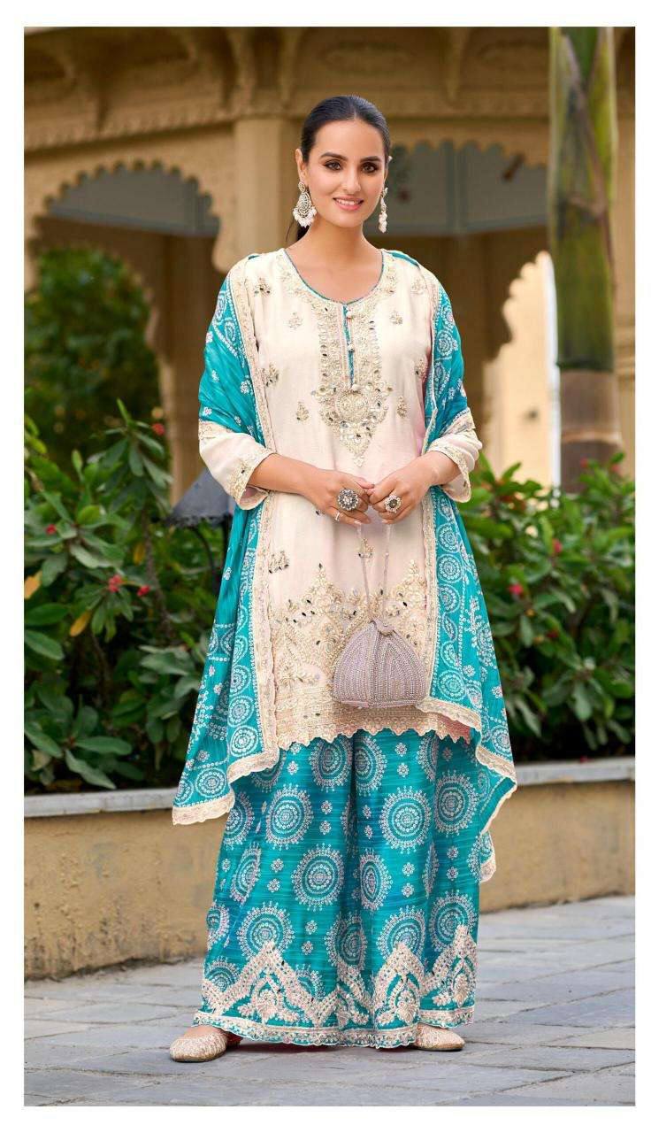 Outstanding Sky Green Color Heavy Embroidered Sequence Coding Work With Real Mirror Hand Work Sharara Suit