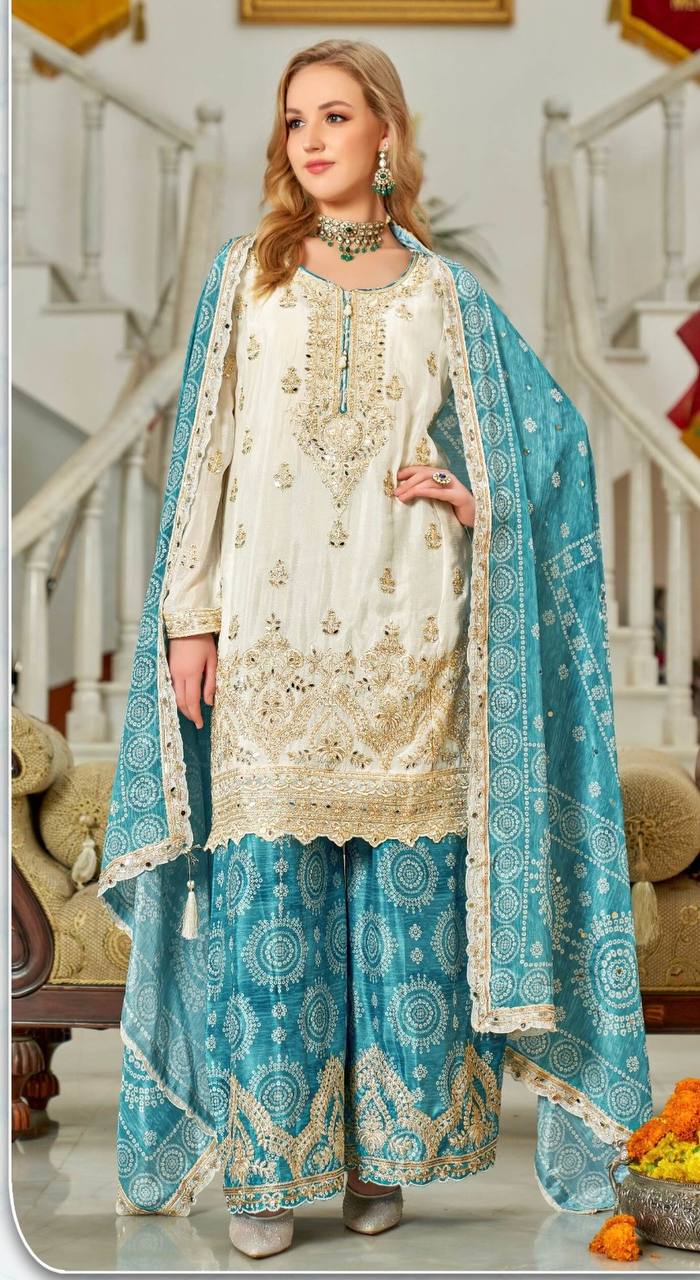 Outstanding Sky Green Color Heavy Embroidered Sequence Coding Work With Real Mirror Hand Work Sharara Suit
