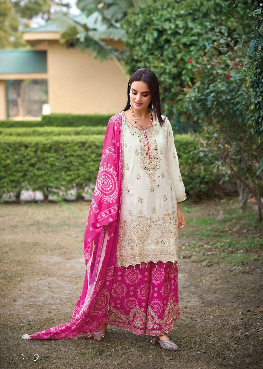 Outstanding Pink Color Heavy Embroidered Sequence Coding Work With Real Mirror Hand Work Sharara Suit