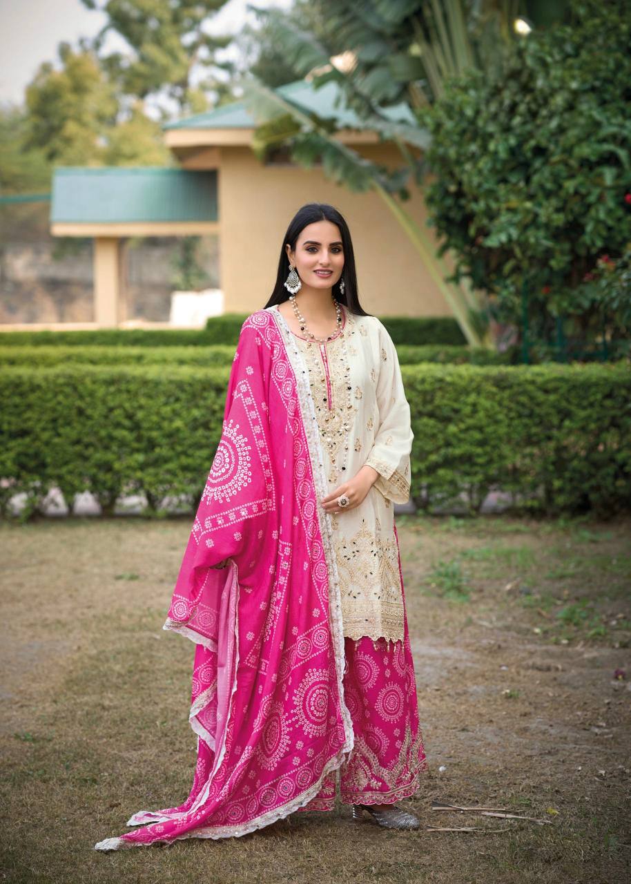 Outstanding Pink Color Heavy Embroidered Sequence Coding Work With Real Mirror Hand Work Sharara Suit