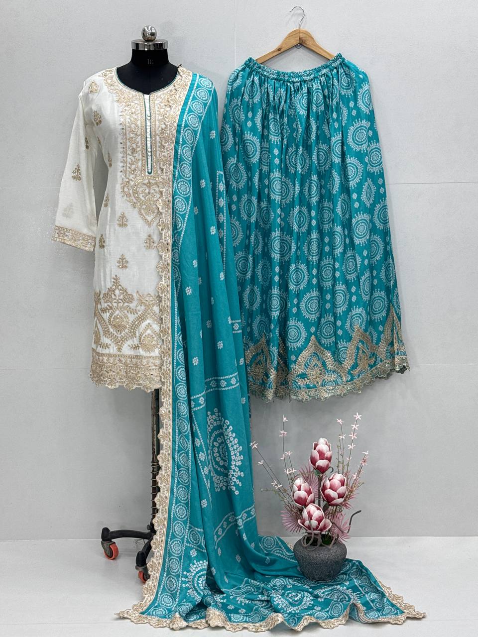 Outstanding Sky Green Color Heavy Embroidered Sequence Coding Work With Real Mirror Hand Work Sharara Suit