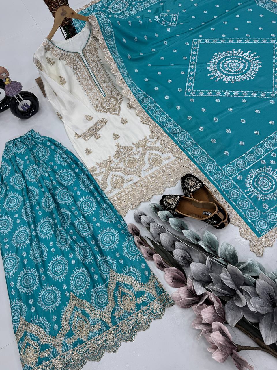 Outstanding Sky Green Color Heavy Embroidered Sequence Coding Work With Real Mirror Hand Work Sharara Suit