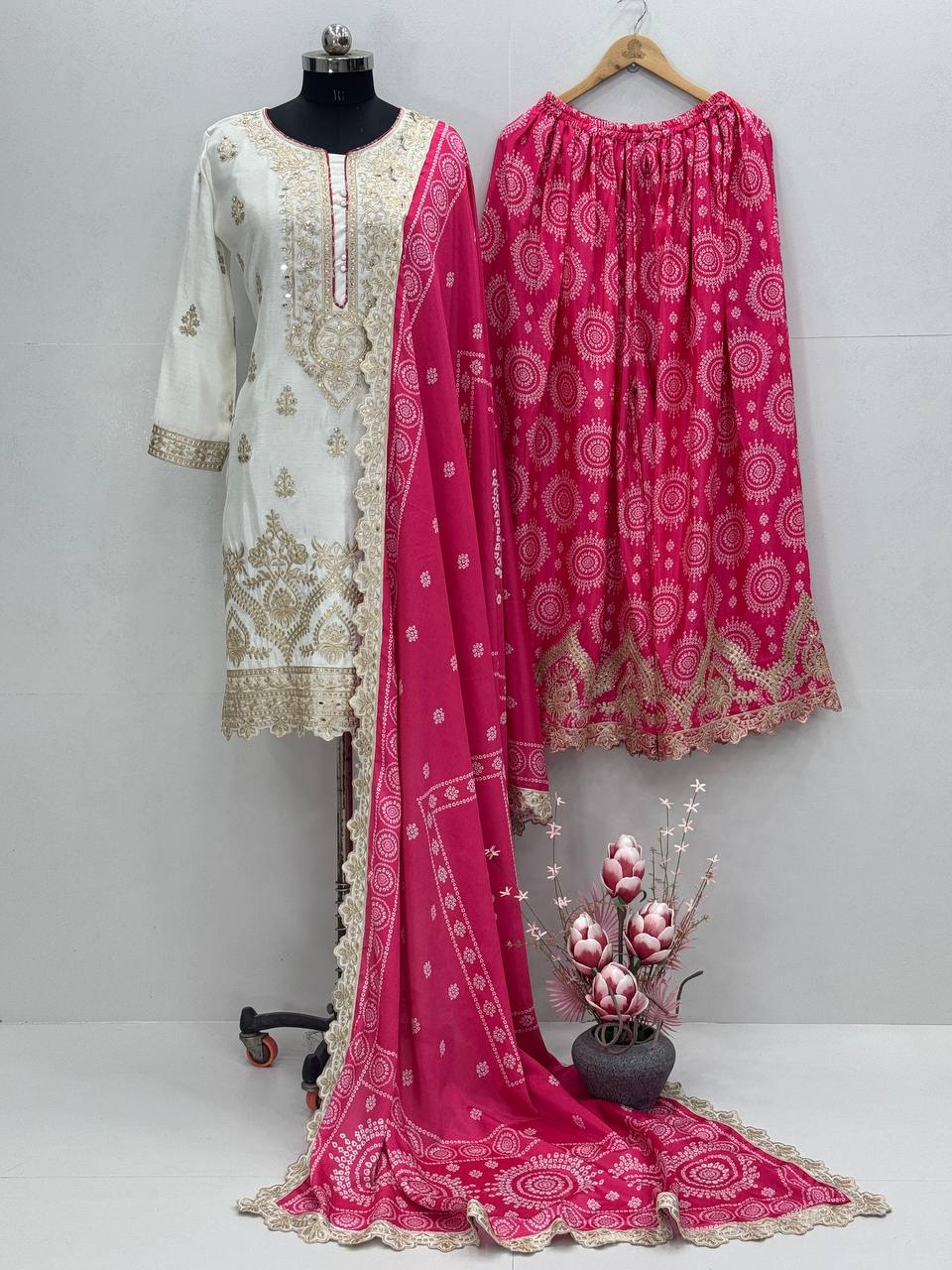 Outstanding Pink Color Heavy Embroidered Sequence Coding Work With Real Mirror Hand Work Sharara Suit