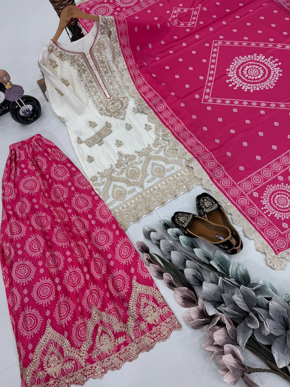 Outstanding Pink Color Heavy Embroidered Sequence Coding Work With Real Mirror Hand Work Sharara Suit