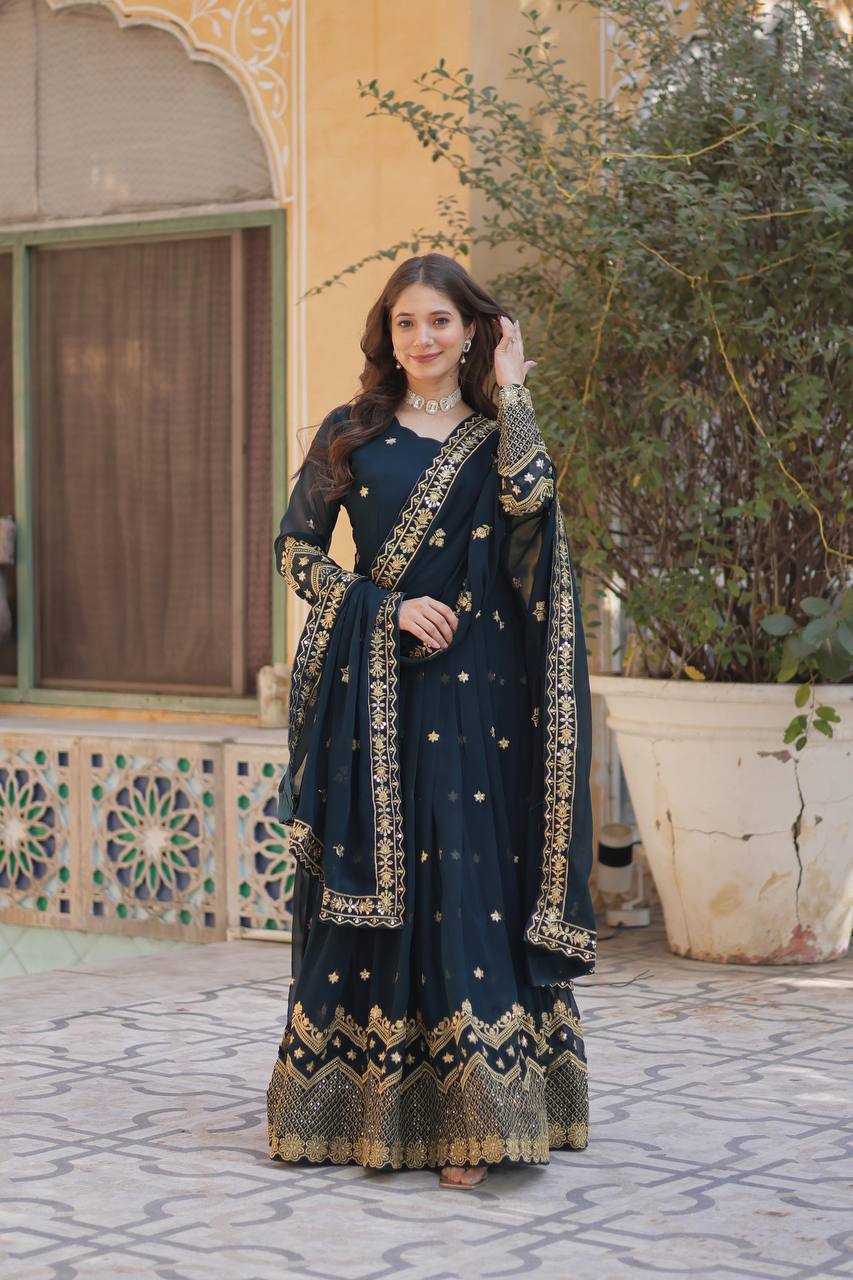 Party Wear Teal Blue Color Faux Georgette With Heavy Embroidery Sequence Work Gown
