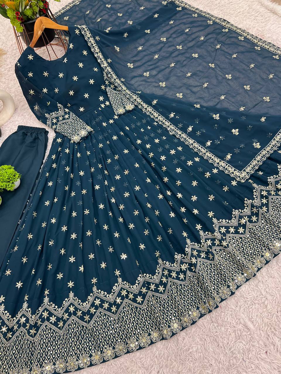 Party Wear Teal Blue Color Faux Georgette With Heavy Embroidery Sequence Work Gown