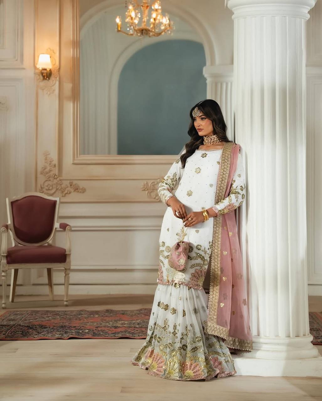 Stunning White Color Heavy Faux Georgette With 5mm Embroidery Sequence Work Designer Sharara Suit