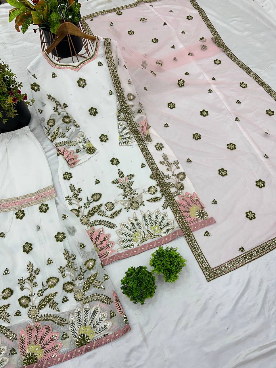 Stunning White Color Heavy Faux Georgette With 5mm Embroidery Sequence Work Designer Sharara Suit