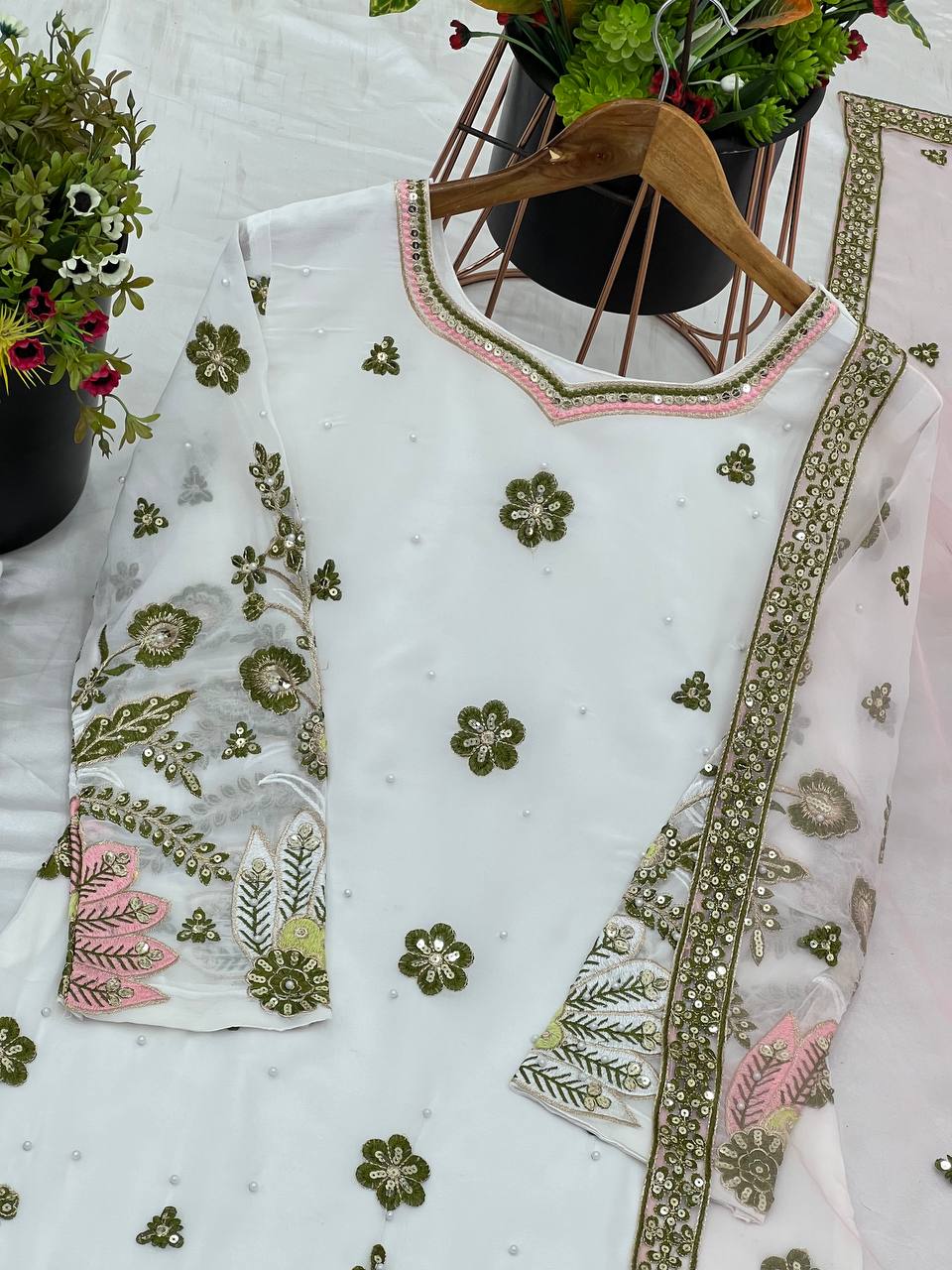 Stunning White Color Heavy Faux Georgette With 5mm Embroidery Sequence Work Designer Sharara Suit