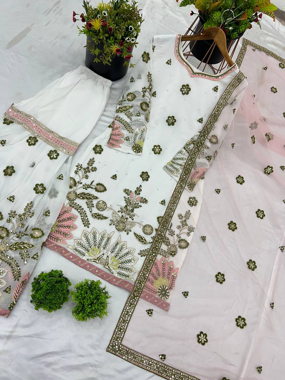 Stunning White Color Heavy Faux Georgette With 5mm Embroidery Sequence Work Designer Sharara Suit