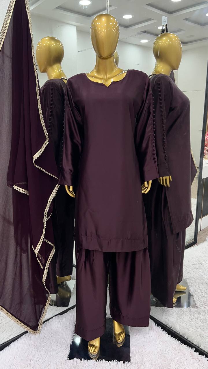 Trending Latest Collection Wine Color Japan Satin Designer Salwar Suit