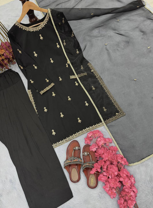 Presenting Black Color Natural Satin With Embroidery Work Designer Palazzo Suit
