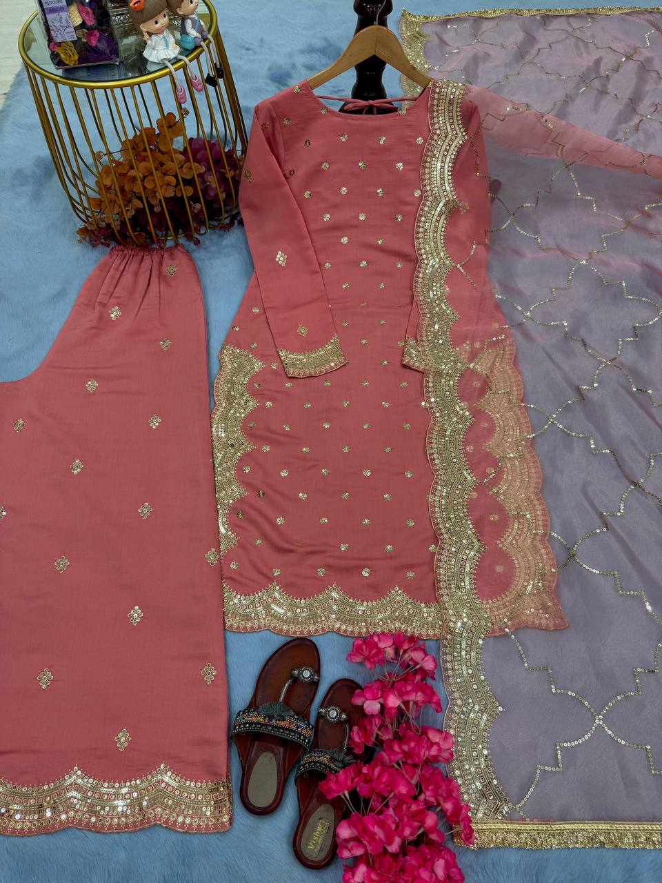 Beautiful Peach Color Heavy Roman Silk With Embroidery Sequence Work Palazzo Suit