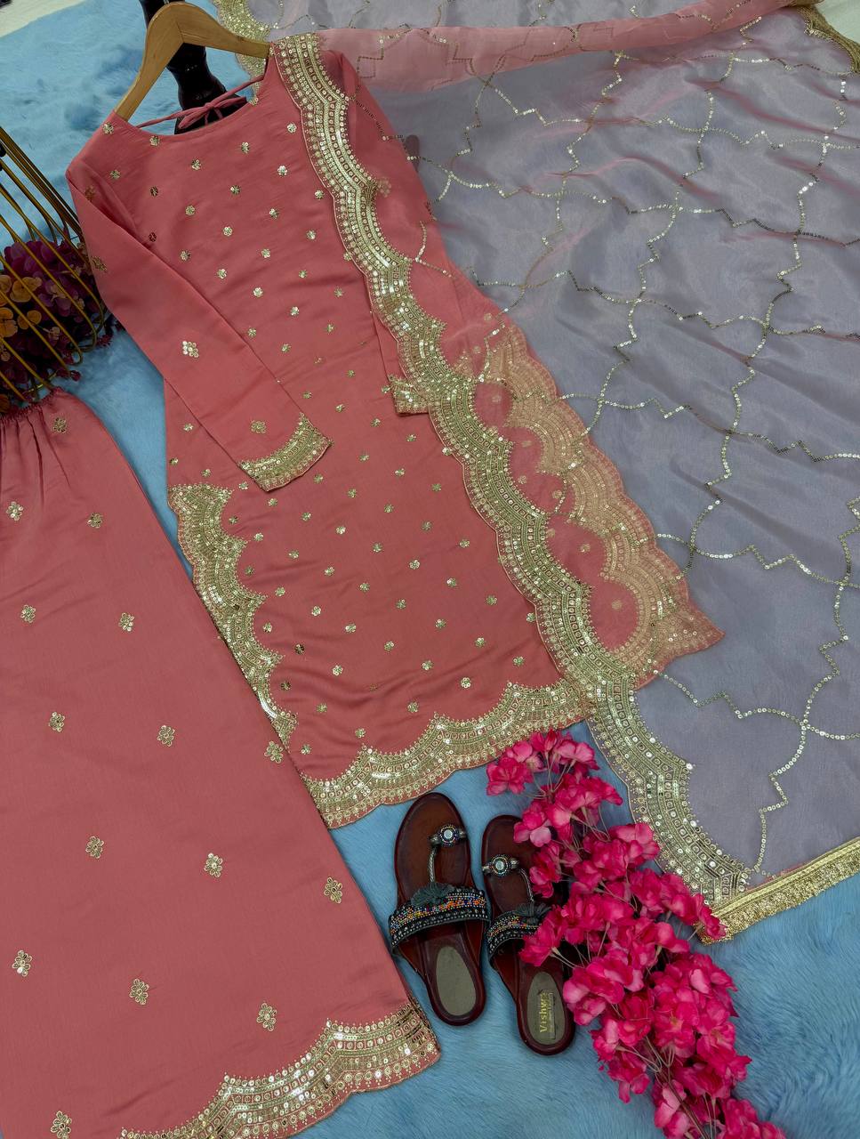 Beautiful Peach Color Heavy Roman Silk With Embroidery Sequence Work Palazzo Suit