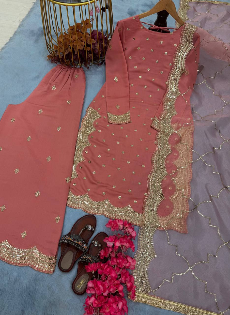 Beautiful Peach Color Heavy Roman Silk With Embroidery Sequence Work Palazzo Suit