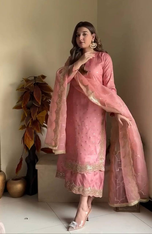 Beautiful Peach Color Heavy Roman Silk With Embroidery Sequence Work Palazzo Suit