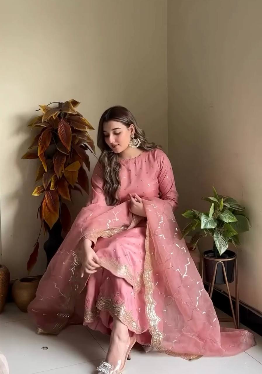 Beautiful Peach Color Heavy Roman Silk With Embroidery Sequence Work Palazzo Suit