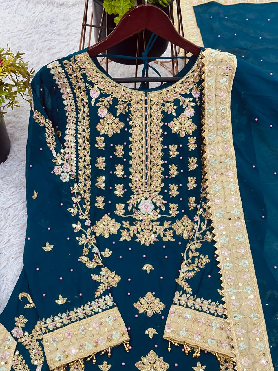 Reception Wear Teal Green Color Georgette With Embroidery Sequence Work Salwar Suit