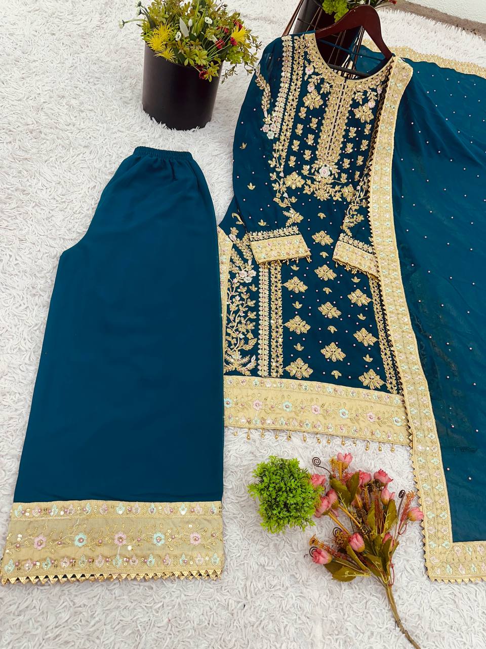 Reception Wear Teal Green Color Georgette With Embroidery Sequence Work Salwar Suit