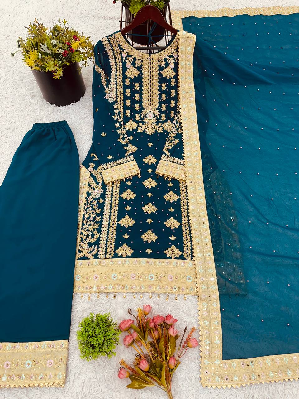 Reception Wear Teal Green Color Georgette With Embroidery Sequence Work Salwar Suit