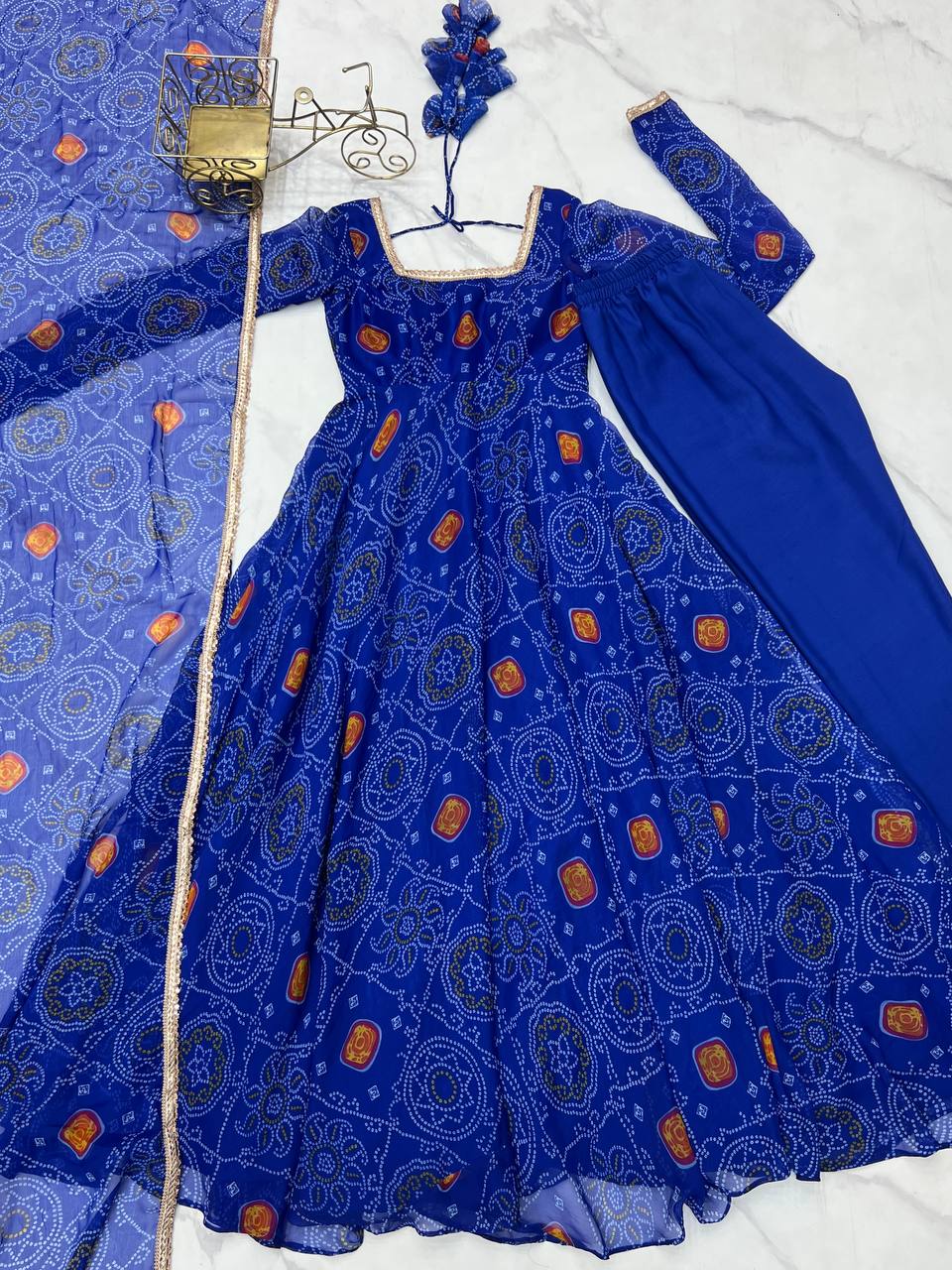 Ceremony Wear Royal Blue Color Pure Soft Lightweight Chiffon Bandhej Fabric Designer Gown