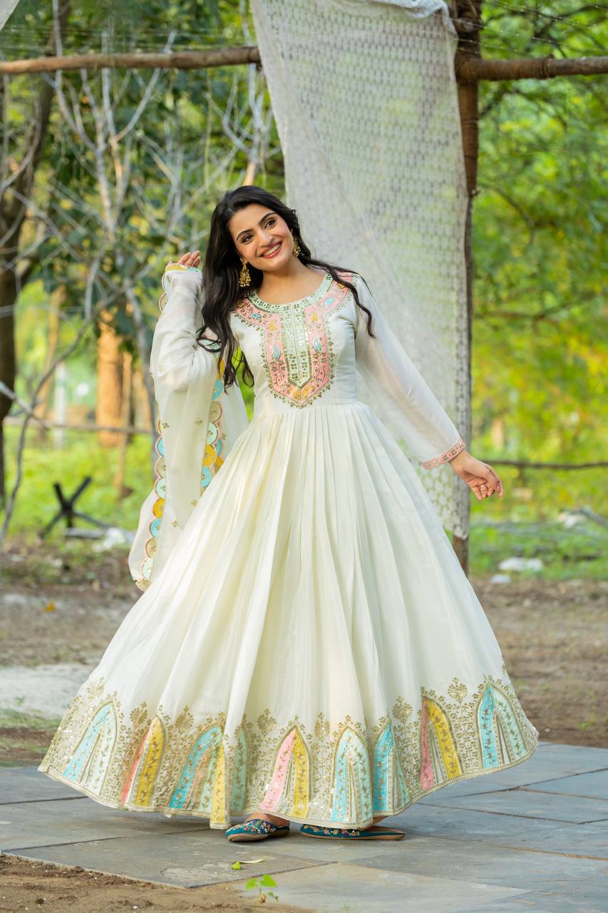 Party Wear White Color Heavy Chinon Silk With Multi Thread Embroidery Sequence Work Gown