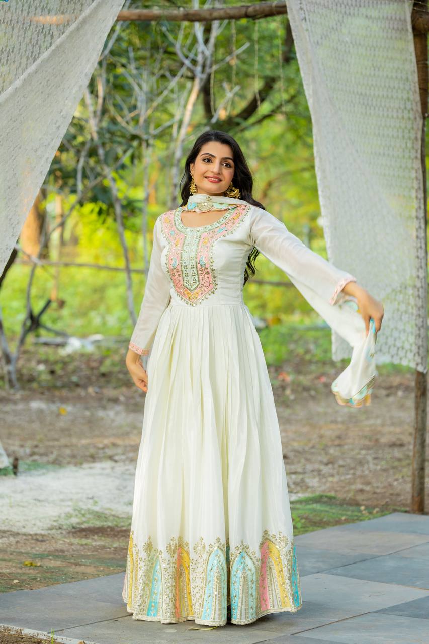 Party Wear White Color Heavy Chinon Silk With Multi Thread Embroidery Sequence Work Gown