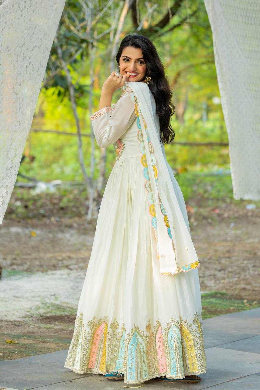 Party Wear White Color Heavy Chinon Silk With Multi Thread Embroidery Sequence Work Gown