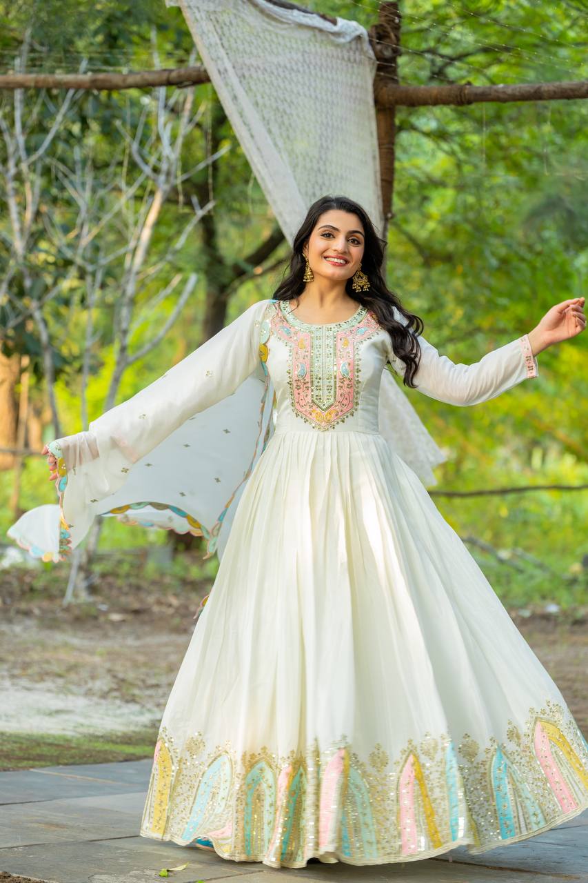 Party Wear White Color Heavy Chinon Silk With Multi Thread Embroidery Sequence Work Gown