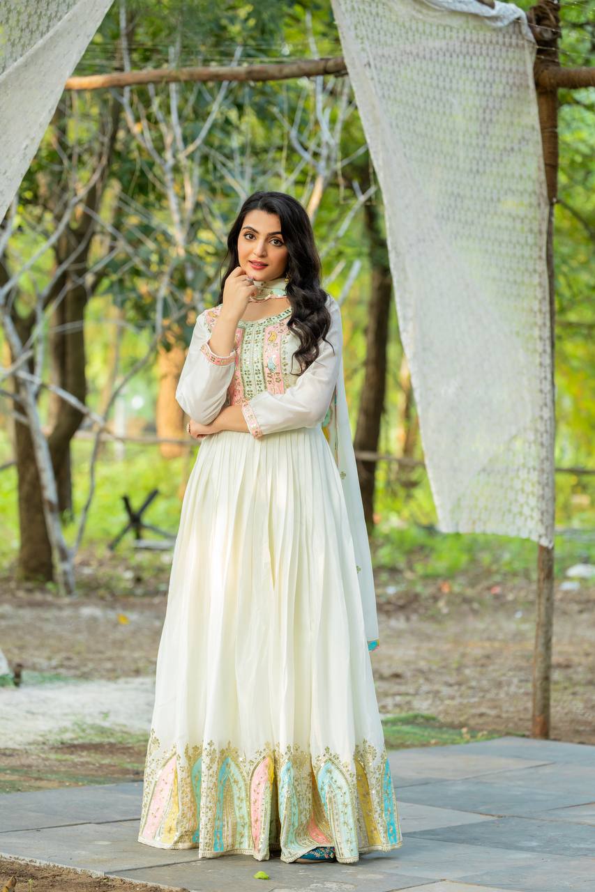 Party Wear White Color Heavy Chinon Silk With Multi Thread Embroidery Sequence Work Gown