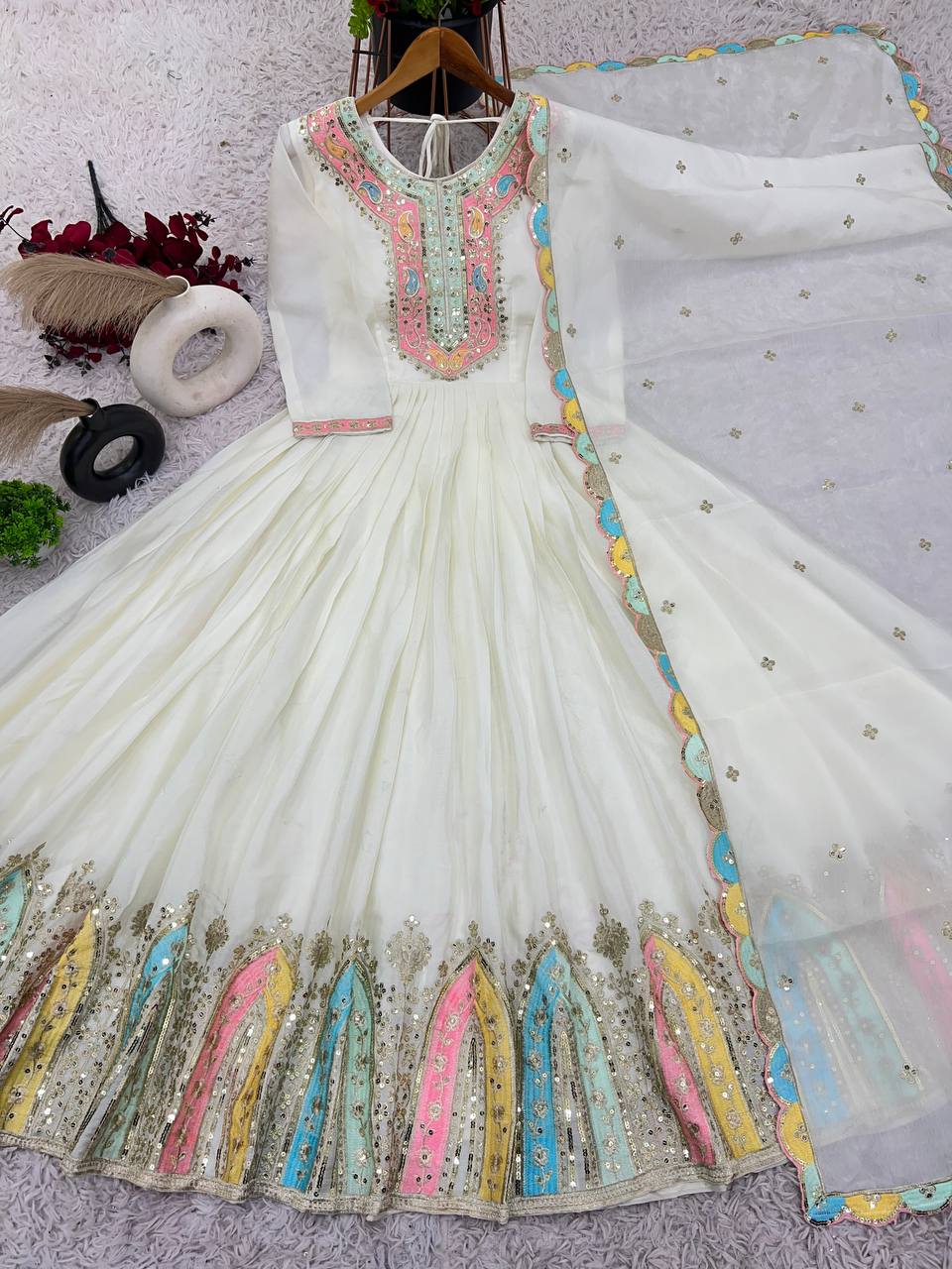 Party Wear White Color Heavy Chinon Silk With Multi Thread Embroidery Sequence Work Gown
