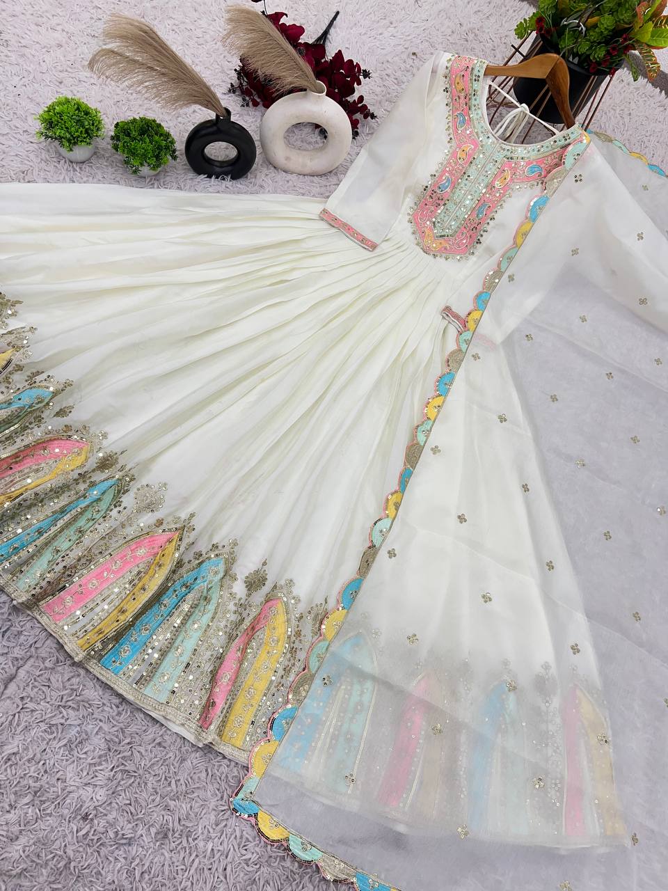 Party Wear White Color Heavy Chinon Silk With Multi Thread Embroidery Sequence Work Gown