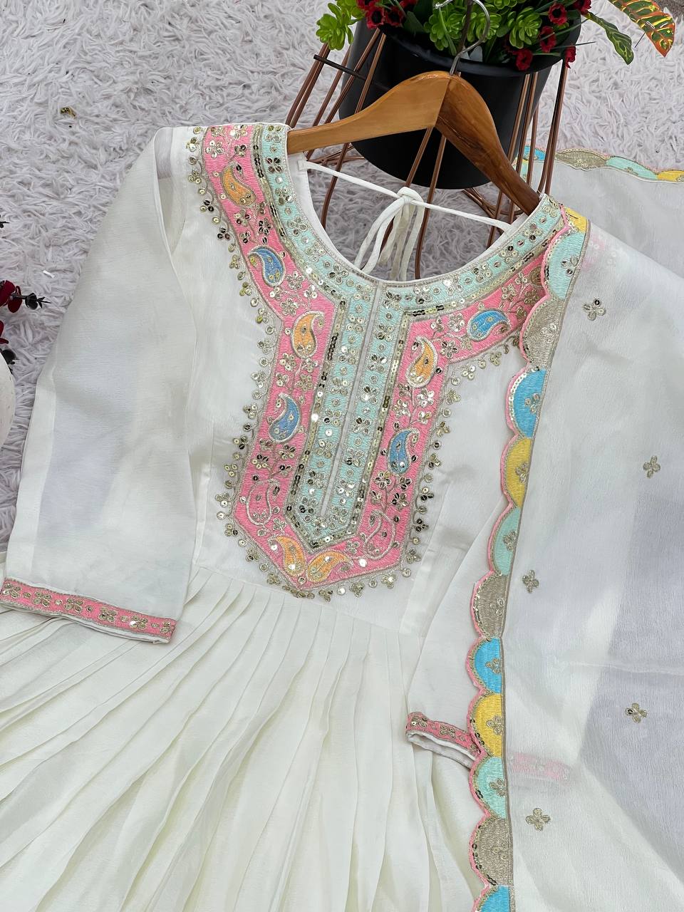 Party Wear White Color Heavy Chinon Silk With Multi Thread Embroidery Sequence Work Gown