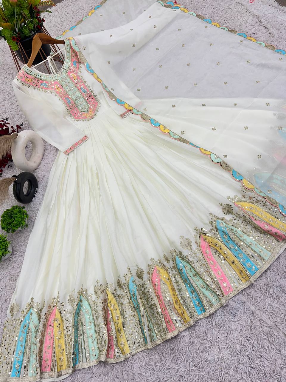 Party Wear White Color Heavy Chinon Silk With Multi Thread Embroidery Sequence Work Gown